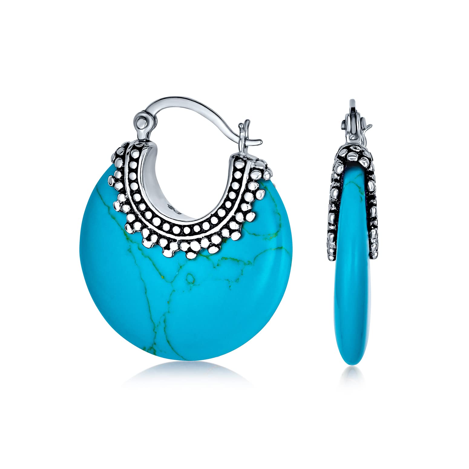 Boho Western Style Tribal Blue Stabilized Turquoise Round Half Crescent Hoop Earrings For Women Oxidized Milgrain Caviar Bead .925 Sterling Silver — image 1