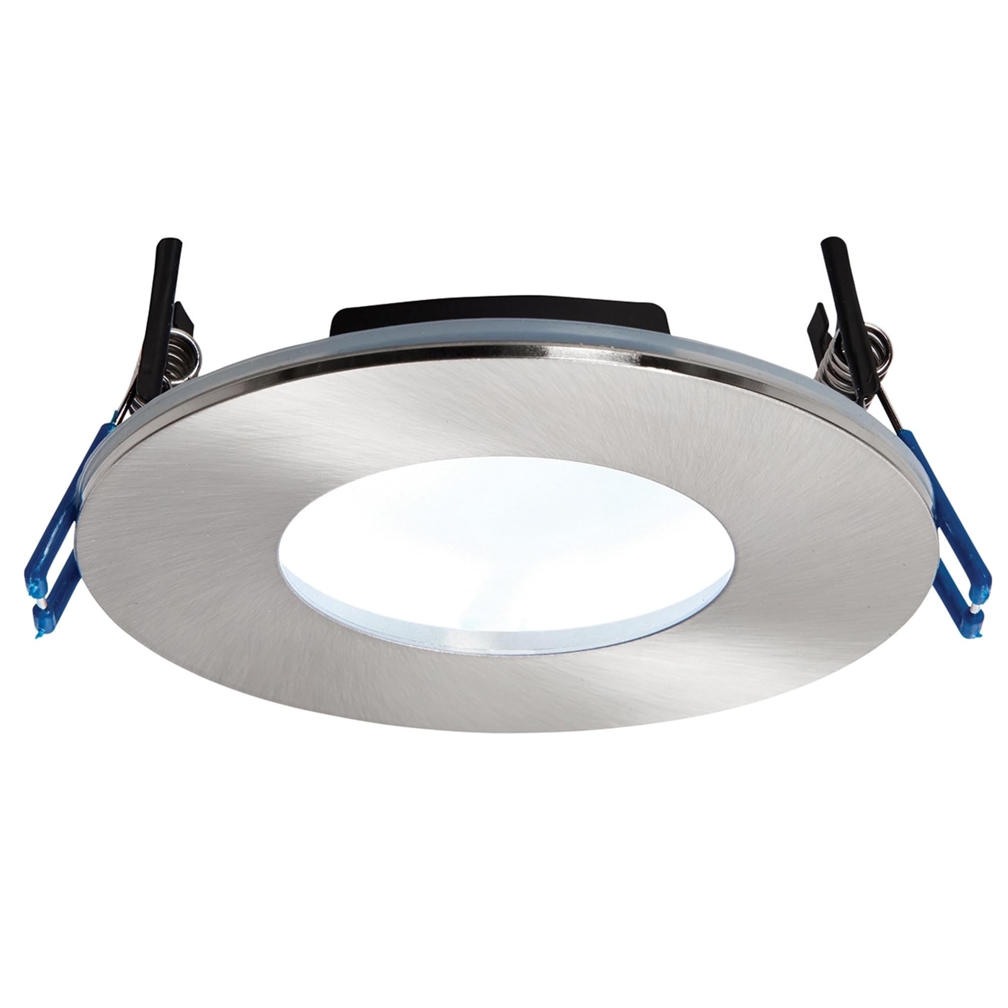 National Lighting Cannon Satin Nickel Finish Die Cast Aluminium Fire Rated Natural White LED Anti Glare Low Profile Ceiling Downlight Spotlight IP65 Rated for Bathroom, Shower, Kitchen, Lounge etc.