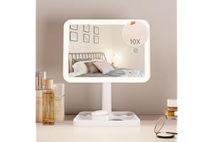 FUNTOUCH Rechargeable Lighted Mirrors for Makeup, 2000mAh, 10X Magnification/3 Color Lighting Portable Tabletop Cosmetic Make Up Mirror, 360° Rotation Led Light up Mirrors with Storage,White