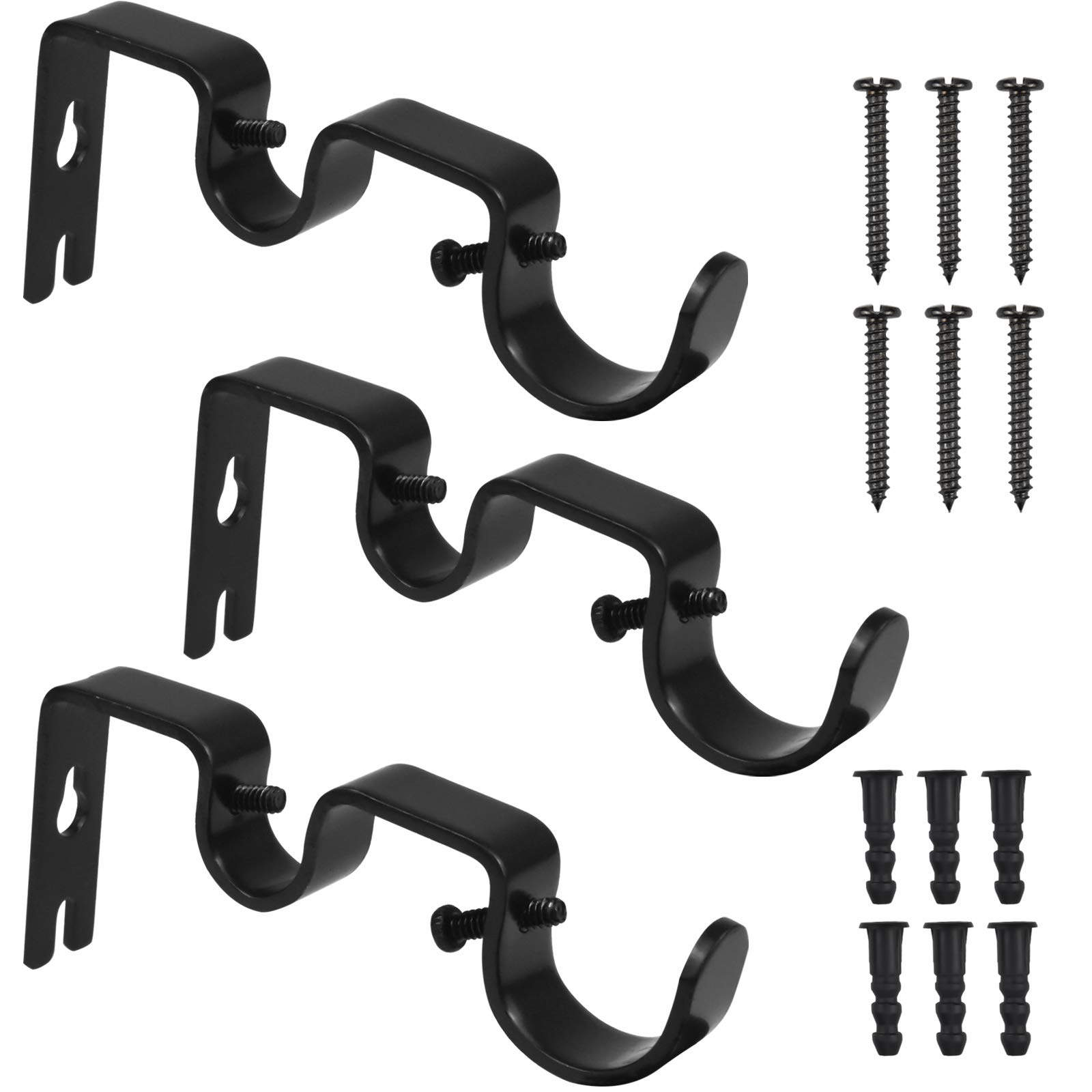 3 PCS Double Curtain Pole Bracket, Heavy Duty Curtain Rod Holders, Adjustable Metal Curtain Rail Support Brackets Set for Wall Window (Black)