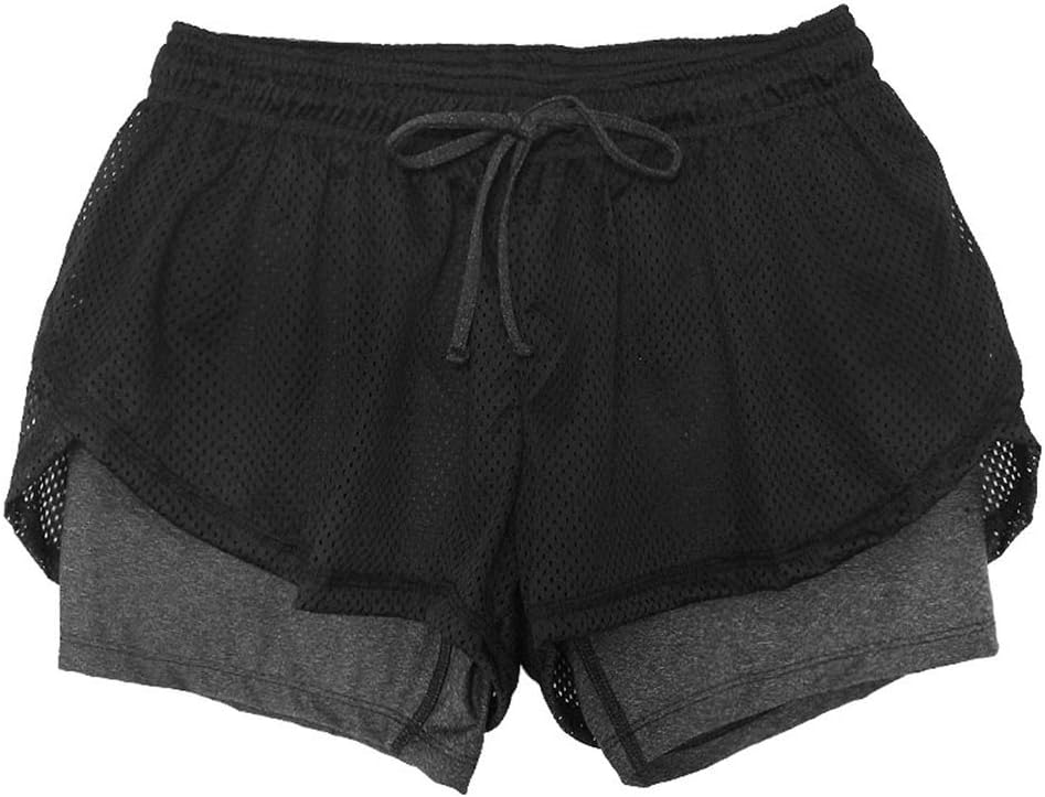 Fansi 1 PC Women Sports Shorts Double Layer Yoga Running Shorts Ladies Summer Sport Shorts,Polyester,Grey size XXL