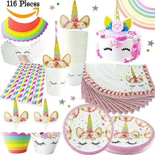 Unicorn Party Supplies Disposable Tableware Set - Serves 16 | With Cake Topper Cup Cake Toppers and Wrappers, Desert Plates, Pink Rosy Magical Cups and Horn Straws, Napkins | Birthday, Baby Shower or Kids Girl Teenage Theme Parties