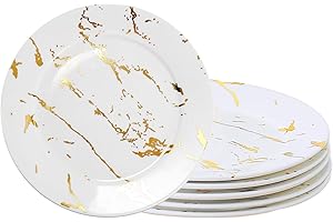 Loymokinar White and Gold Ceramic Plates 8 Inch - Set of 6, Appetizer Plates Ceramic for Dinner/Salad, Elegant Marble Gold Pl