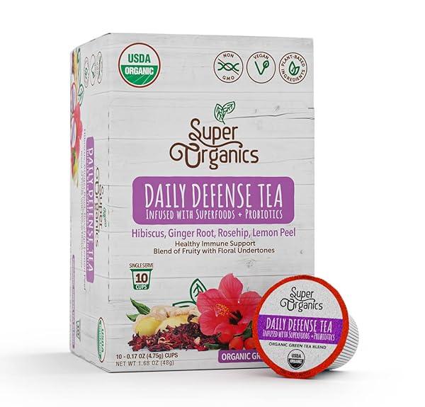 SUPER ORGANICS DAILY DEFENSE TEA (ORGANIC) WITH SUPERFOODS AND PROBIOTICS (KEURIG K-CUP COMPATIBLE) 10CT SINGLE SERVE CUPS