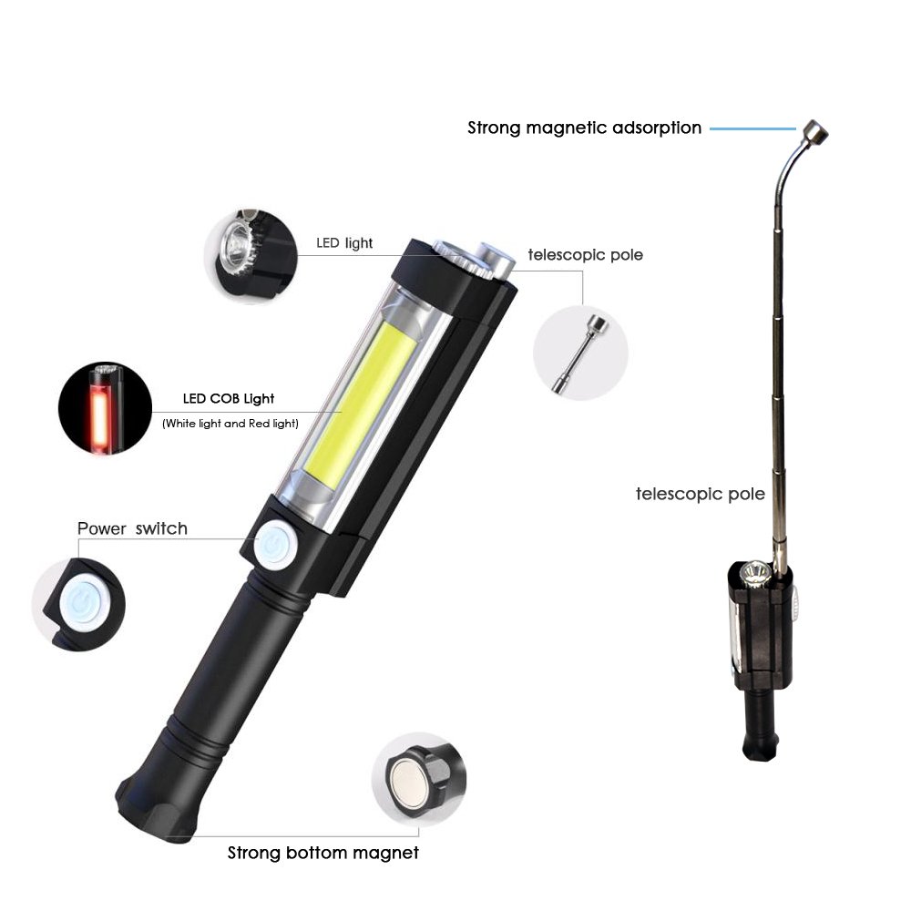 LED Arbeitsleuchte Werkstattlampe Inspektionsleuchten COB LED Taschenlampe mit Magnetfuß Magnet Teleskopstange 3 Leucht-Modi MEHRWEG