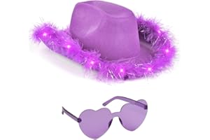 Funcredible Purple Light Up Cowboy Hat and Glasses - Cowgirl Hat for Girls - Cowboy Hat with Feathers - Cowgirl Accessories
