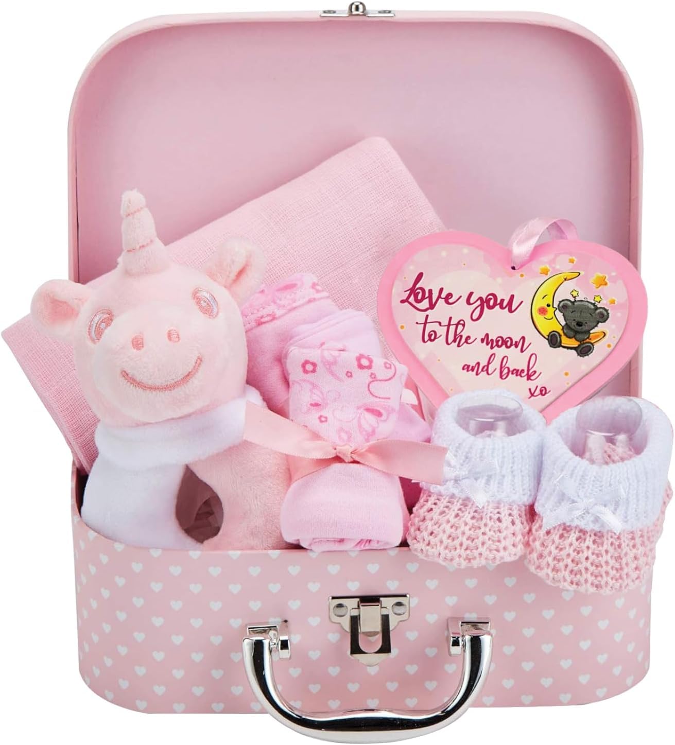 Baby Box Shop Baby Girl Gift Set Newborn Essentials in a Keepsake Box - All-in-One Ready-to-Gift Baby Shower Gift for Girls with Rattle Bib Booties Mittens Hat Muslin Cloth - Premium Baby Girl Hamper