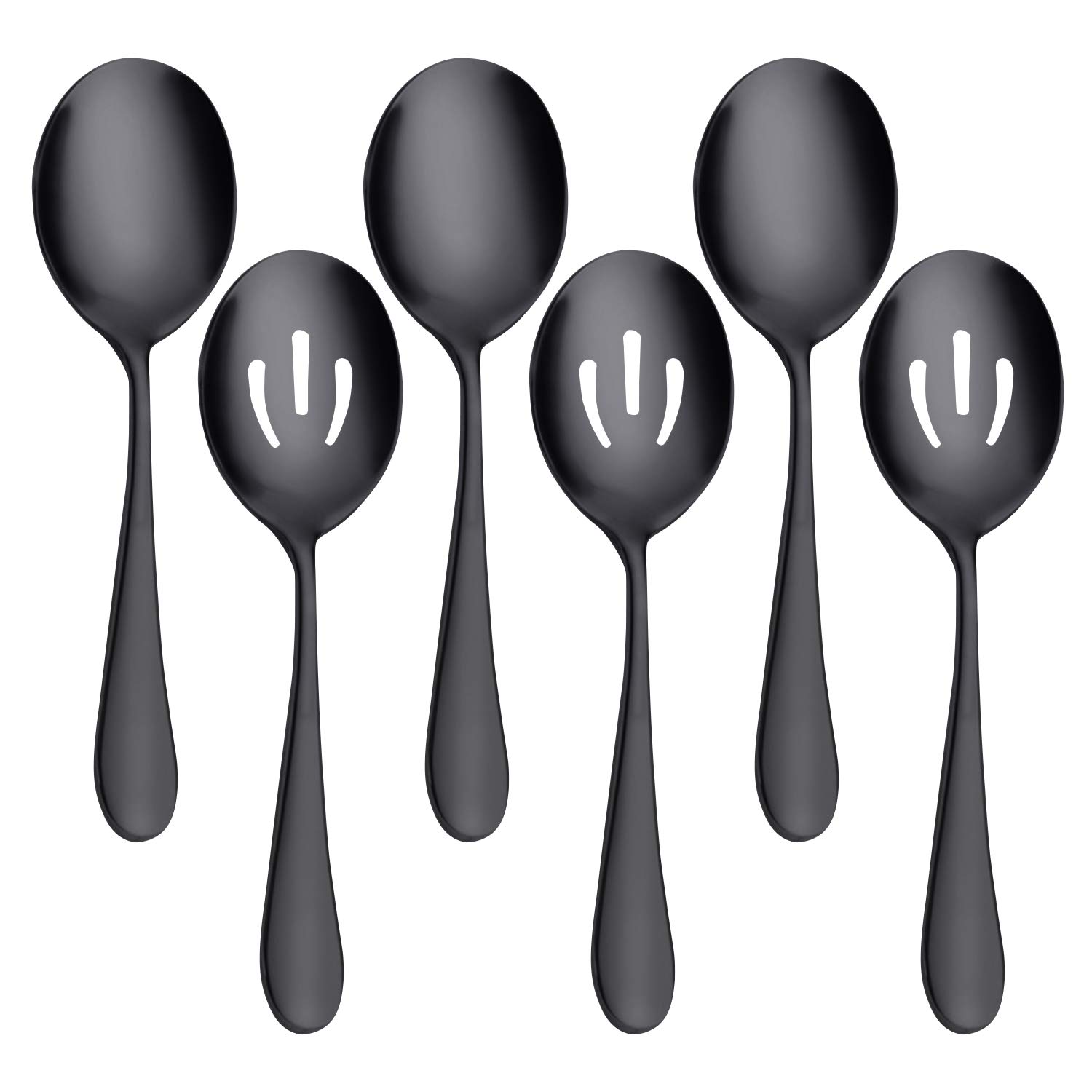 AOOSY Serving Set,Serving Spoons x 3, Slotted Spoons x 3, 8.7 inches Large Stainless Steel Buffet Spoon Skimmer Perforated Serving Spoons Tablespoons Banquet Cooking Kitchen Set of 6(Black)