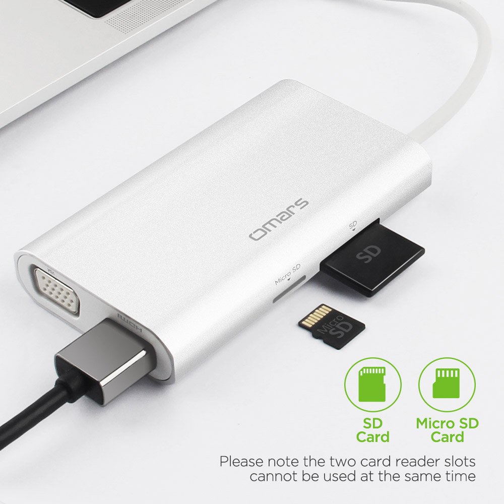USB C Hub, OMARS 8-in-1 Type C Hub with HDMI 4K, VGA, 2 USB 3.0, Gigabit Ethernet, USB C Charging Port,SD/Micro SD(TF) Card Reader, Aluminum Design for MacBook/Chromebook/more Type C Devices - Silver