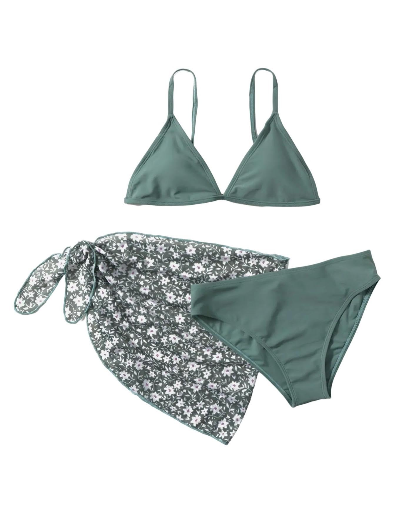 Photo 1 of SHENHE Girl's 3 Piece Swimsuit Cute Spaghetti Strap Triangle Bikini with Ditsy Floral Print Cover Up Kid Bathing Suit Green 160