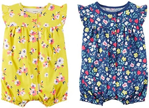 Carters Baby Girls 2 Pack Cotton Romper Creeper Set (Newborn, Yellow Floral and Blue Floral)