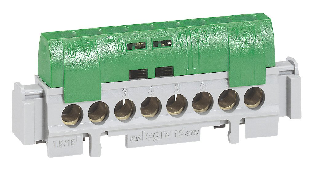 Legrand 004832 IP2X Distribution Terminal Block, Earth 8 Connections, 1.5 mm² to 16 mm², 75 mm in Length, Green