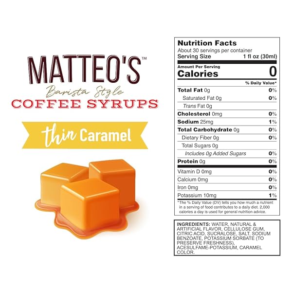 MATTEO’S CARAMEL SYRUP FOR COFFEE, LATTES, CAPPUCCINOS & DESSERTS – SUGAR-FREE SWEETENER FOR BEVERAGES, KETO FRIENDLY, ZERO CALORIES, INDULGENT FLAVOR, NON-ALCOHOLIC, IDEAL FOR COFFEE 33.8OZ (1PK)