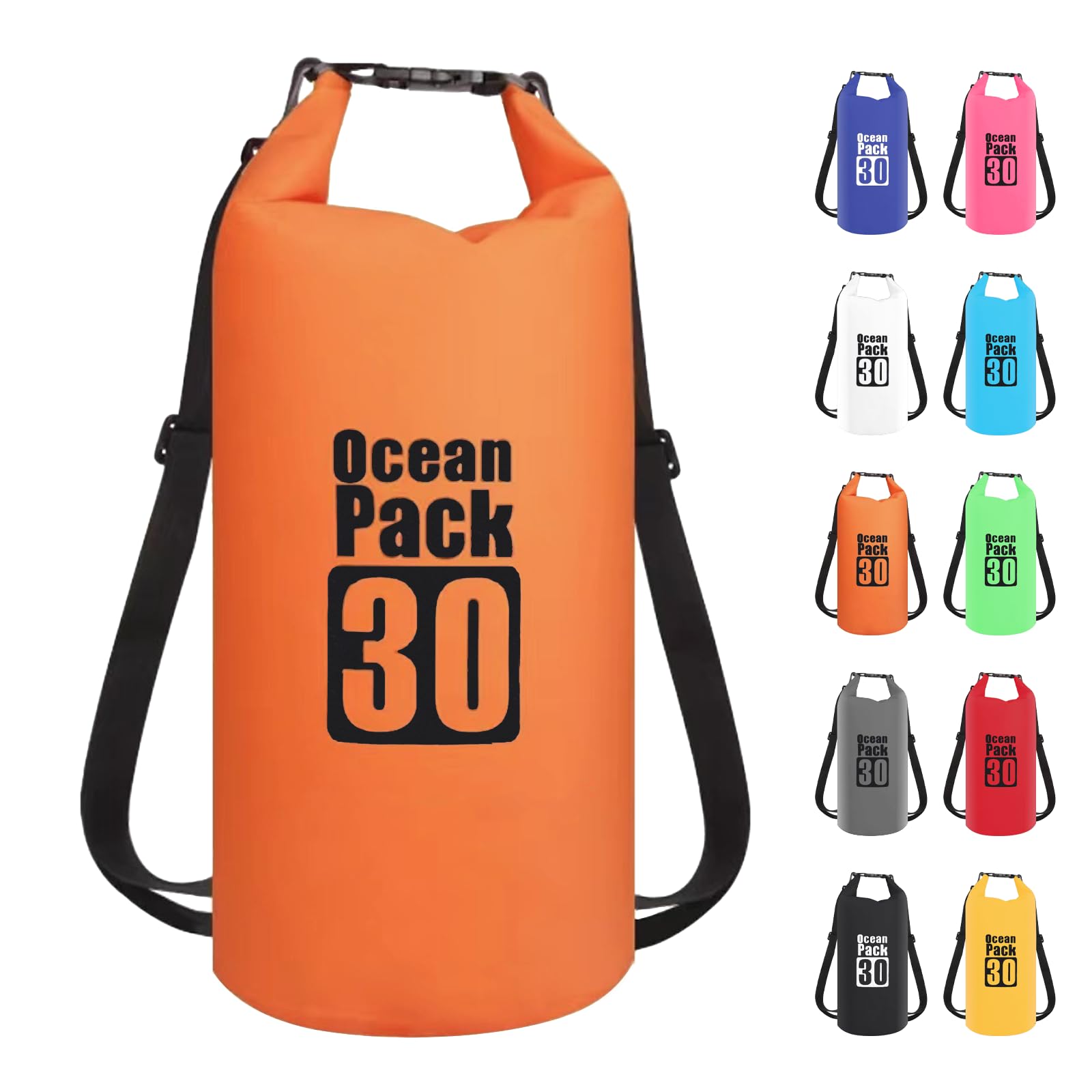 Dry Bag 30L, Boat Dry Bags Orange Waterproof Bag Dry Sack Roll Top Long Adjustable Shoulder Strap 2L/5L/10L/20L/30L/40L for Drifting Boating Kayaking Fishing Rafting Swimming Camping Canoeing Surfing