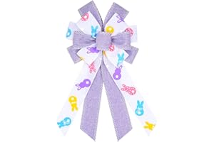 Hying Large Easter Bunny Burlap Decorative Bow - White, Purple Dots - Spring Wreath Bow for Easter Decor - Indoor/Outdoor Wall, Door, Gift Box