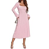 SKAYS Women's 2025 Tie Back Long Sleeve Midi Fall Dress Square Neck Textured A Line Cocktail Wedding Guest Dress