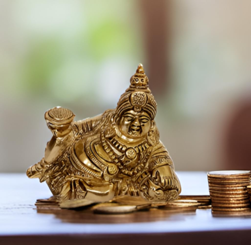 Purpledip Brass Statue Kubera (Hindu God Of Wealth & Prosperity): Kuber Vaisravana Sarvanubhuti Idol In Resting Posture With Pot Of Gold Coins (12645)