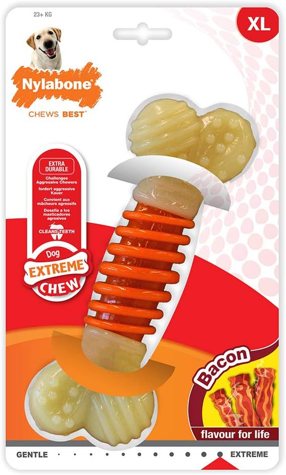 Nylabone Extreme Tough Pro Action Dog Chew Toy, Cleans Teeth, Bacon Flavour, XL, for Dogs Over 23 kg, Orange/Cream