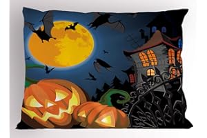 Ambesonne Halloween Pillow Sham, Gothic Halloween Haunted House Party Theme Design Trick or Treat Motifs Print, Decorative Standard Size Printed Pillowcase, 26" X 20", Night Blue Orange