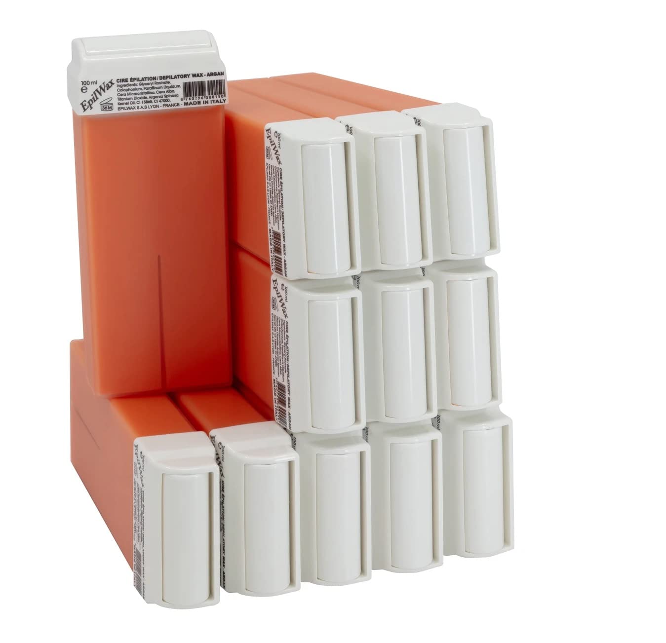 EpilWax Set of 12 Argan Wax Cartridges for Hair Removal - Large 100 ml Roll-on Waxing Refills