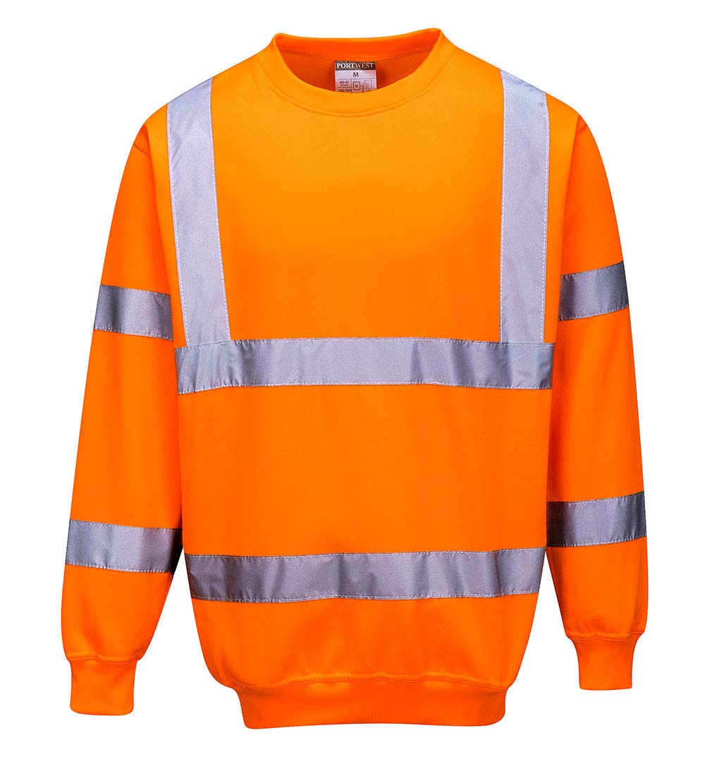 Portwest B303 Men's Comfort Hi-Vis Long Sleeve Sweatshirt - Lightweight Reflective Class 3 Safety Security High Viz Workwear, Orange, L