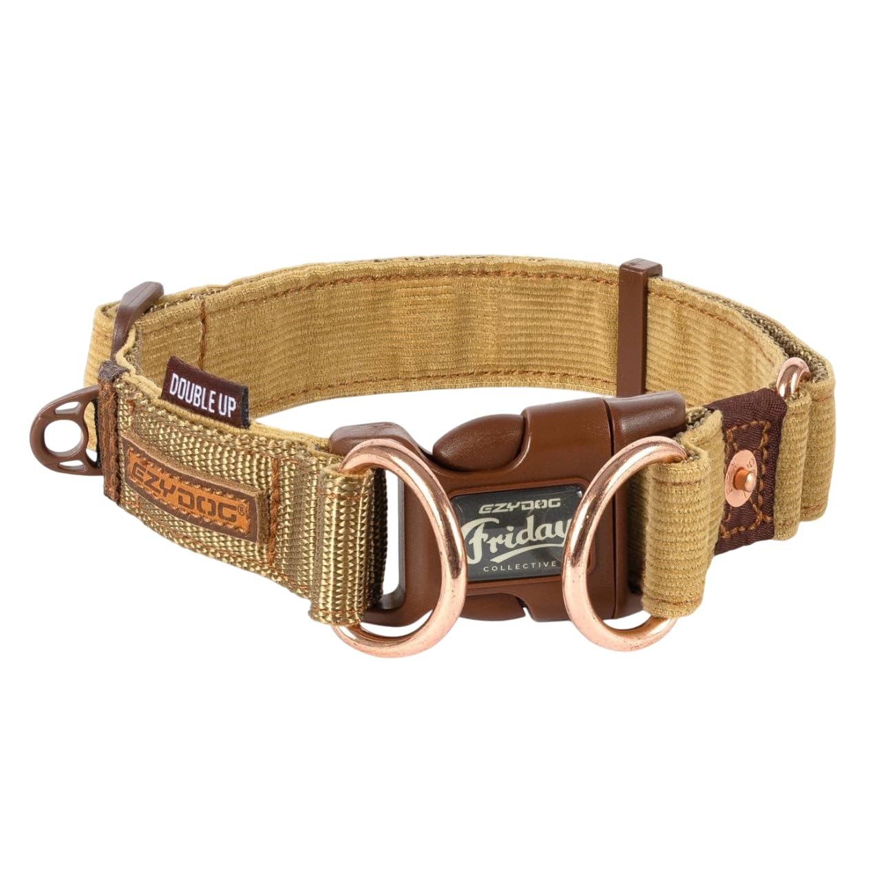 EzyDog Double Up Dog Collar - Reflective Dog Collar Medium with ID Tag D-Ring, For Small, Medium & Large Dogs - Supreme Comfort with Soft & Strong Nylon Webbing - Corduroy