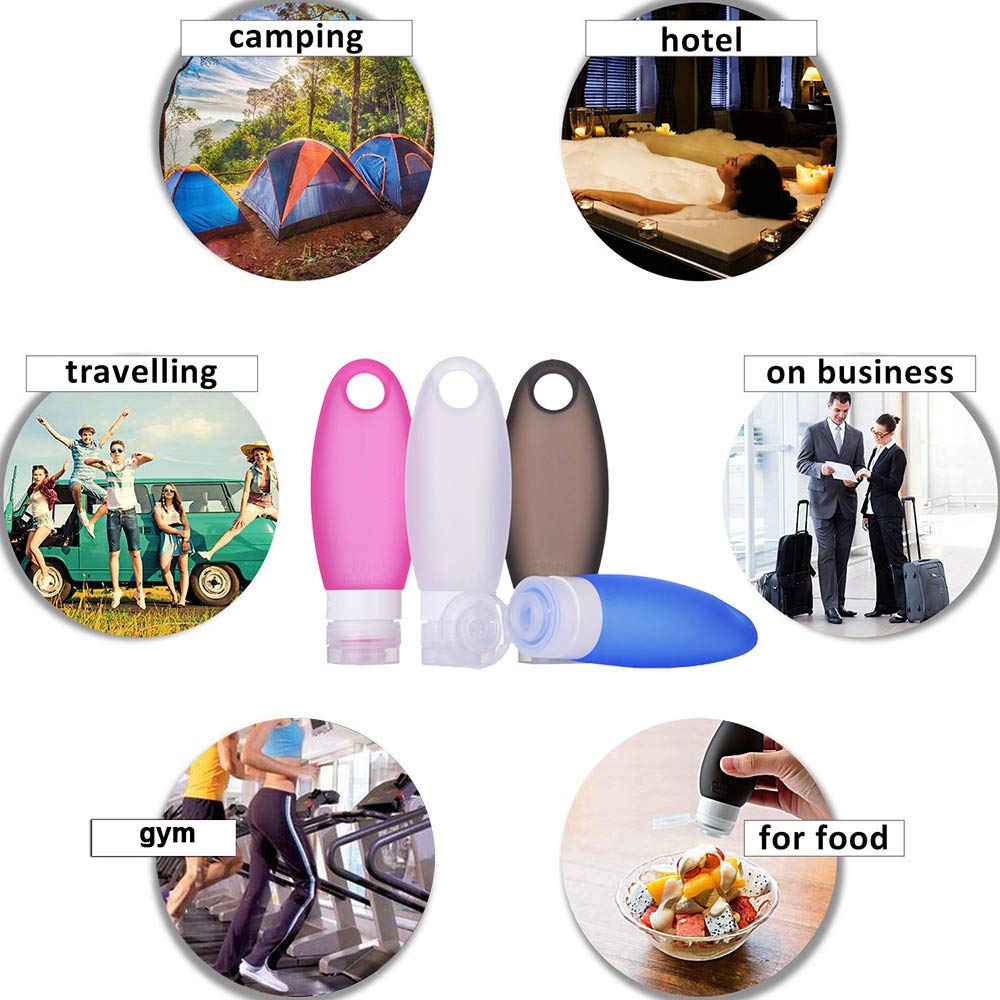 SANTREST Leak Proof Travel Bottles - Refillable Travel Containers with Shower Lanyard,3.3oz TSA Approved Squeezable Silicone Travel Tube Set for Gym Shampoo Lotion Soap(4 Pack Multi): Beauty