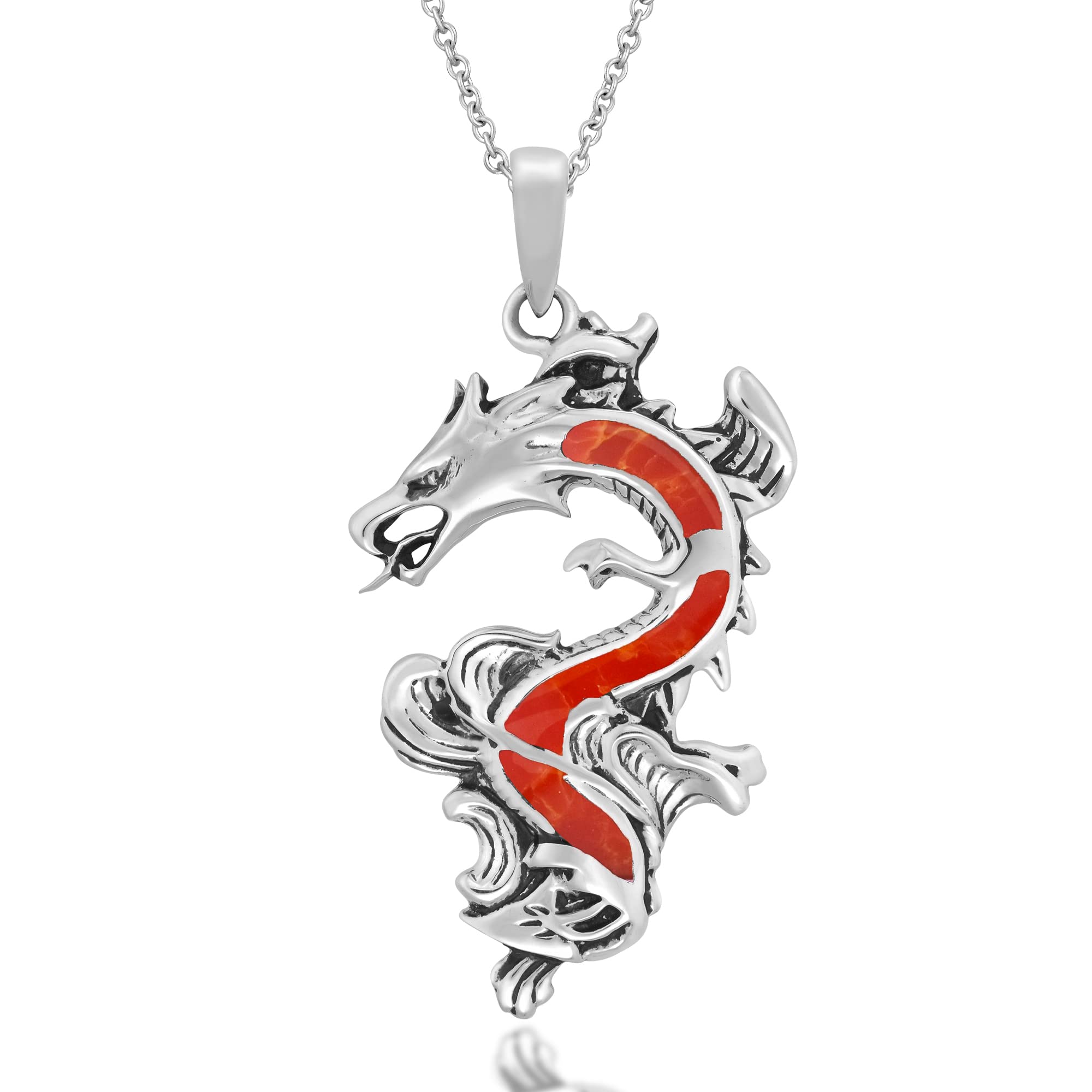 AeraVida Legendary Chinese Dragon Reconstructed Red Coral Inlaid Sterling Silver Necklace