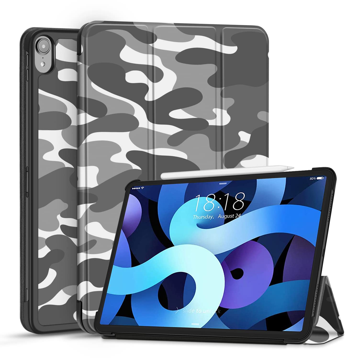TNP Cover Case for iPad Air 11 Inch M2 6th 2024, 5th 4th Generation(2022 2020) - 10.9" Camouflage Gray Case with Pencil Holder for 2nd Gen Apple Pencil - Protective Cover with Trifold Stand