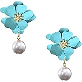 Vavhoo Spray Painted Floral Pearl Stud Earrings for Women with Gold Flower Bud Bohemian Pearl Flower Earrings Everyday Party Jewelry