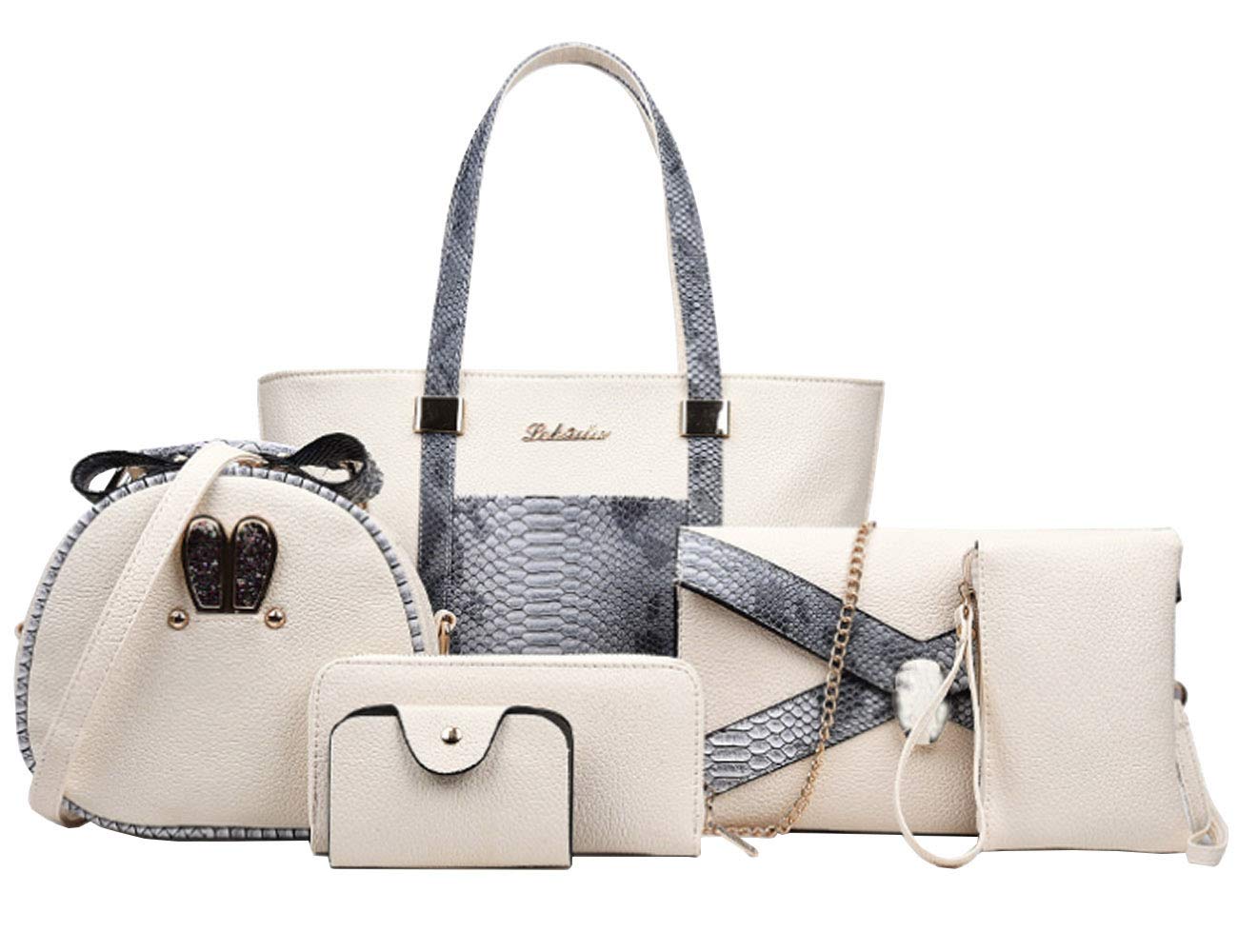 Rullar Women 6 Pcs Bag Set Stitching Handbag and Purse PU Top-Handle Bag Tote Clutch Wallet Card Holder Beige