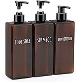 Segbeauty 16.9oz Lotion Dispenser, 3pcs Refillable Square Shampoo Bottles with Pump, 500ml Empty Plastic Bathroom Shower Bottles Liquid Soap Container Body Wash Dispenser for Home Hotel Travel Amber