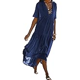 R.Vivimos Womens Summer Cotton Flowy Maxi Dress Short Sleeve V Neck Empire Waist Boho Tiered Ruffle Casual Loose Long Dresses