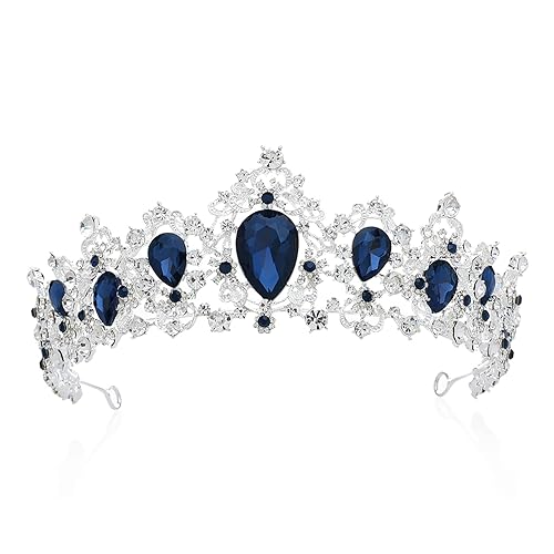 SWEETV Royal CZ Crystal Tiara for Women, Blue Wedding Crown for