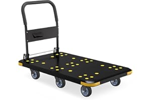 CHINCO STAR Heavy-Duty Foldable Platform Cart with 6 Wheels & 2000LB Capacity - 360° Swivel & Fixed Casters, Collapsible Push Cart Dolly Black Plastic Trolley, 5" Wheels, Spare Tire & Anti-Collision Corners