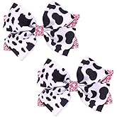 2PCS Cow Print Hair Bow Clips Ribbon Clips Hair Accessories Cow Print Birthday Party Decor Games Gifts (Pink White)