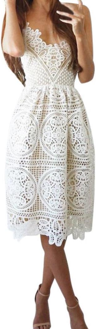 Elogoog Lace Dress, Women's Sleeveless Spaghetti Strap V Neck Party Evening Backless Lace Gown Cocktail Dress