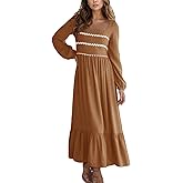 XINWEIZZ 2025 Spring Summer Womens Square Neck Maxi Dress Smoked Long Sleeve Ruffle Hem Flowy Long Maxi Dress
