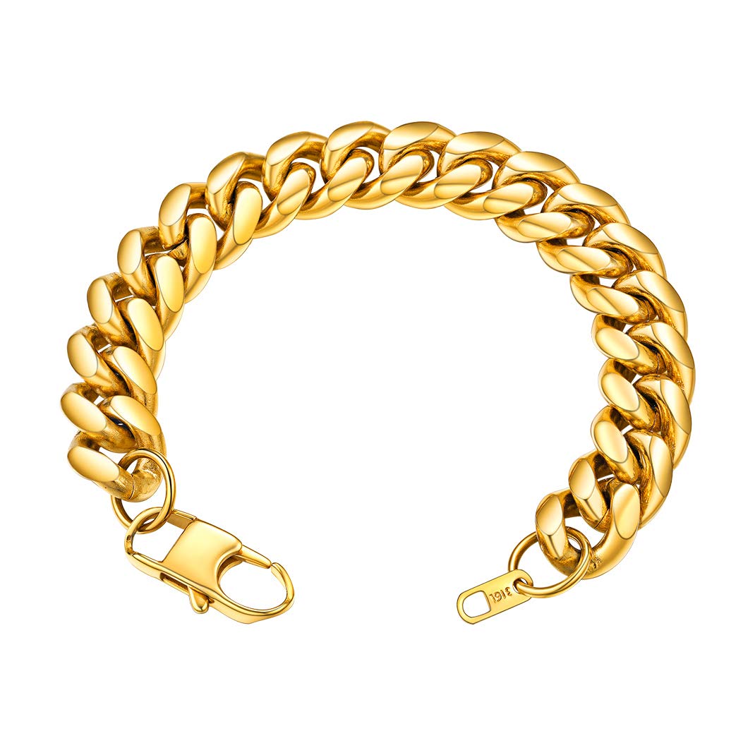 GOLDCHIC JEWELRY Men Gold Chunky Bracelets, 14mm Curb Chain Bracelet, 316L Stainless Steel Chunky Miami Cuban Link Bangle for Men, 21 CM