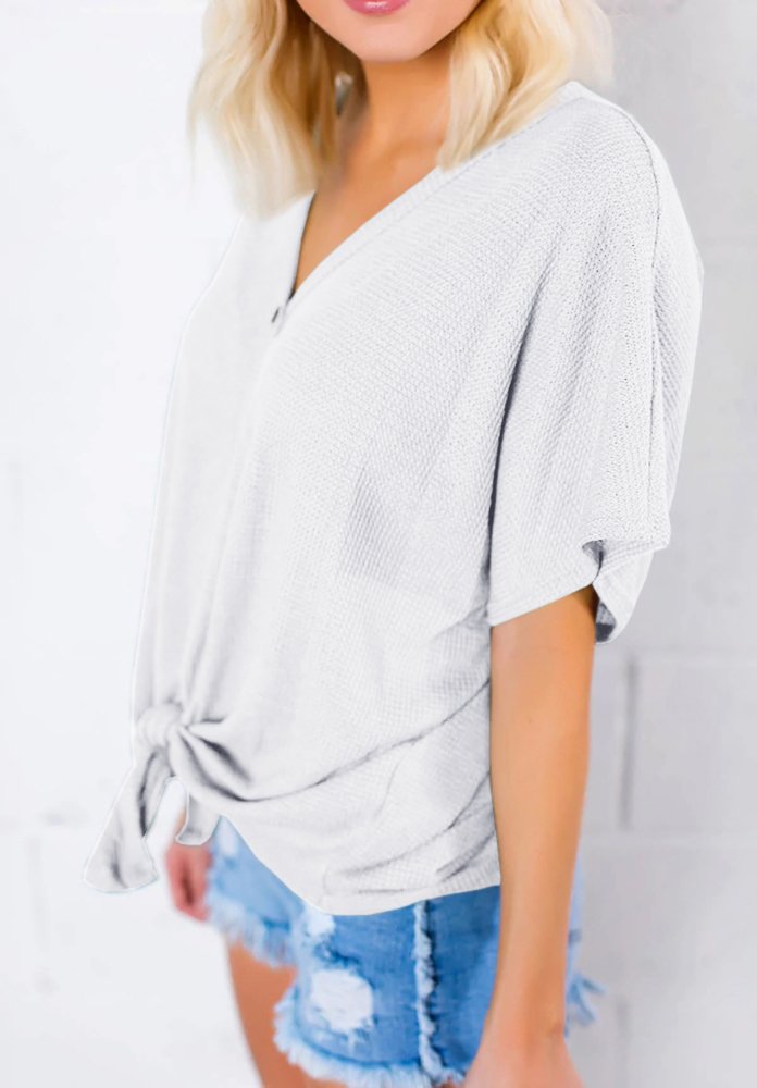 Wudia Women V Neck Short Sleeve Shirts Button Down Casual Front Tie Blouse Tops (Medium, White)