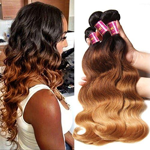 Unice Hair 3 Bundles Brazilian Virgin Hair Body Wave Ombre Hair Extensions 6a Grade Unprocessed Human Hair Wave 300g #1b/#4/#27 (24 24 24)