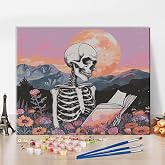 Skeleton Skull Reading with Moon Flowers Paint by Numbers Kit for Adults | 16x20 inch canvas kit with acrylic paints; turn blank canvas into art and display as wall decor.