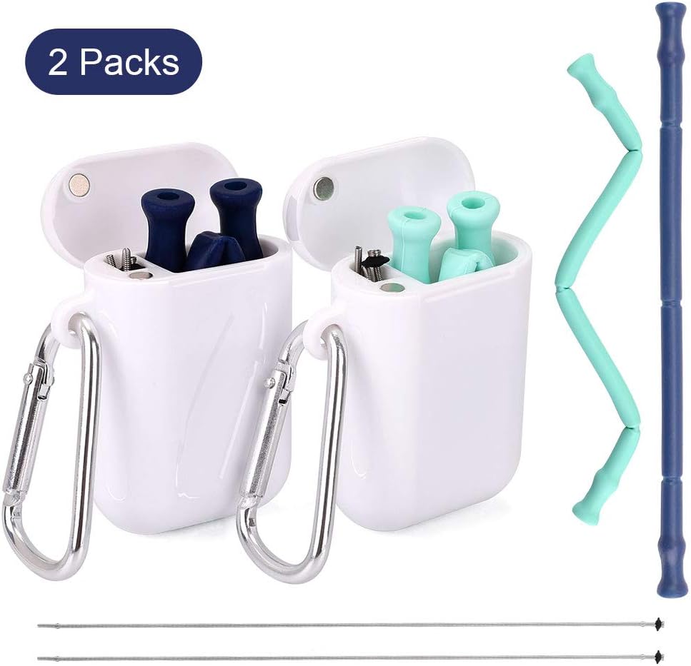 Reusable Straws, Collapsible Folding Silicone Straws Food-Grade Drinking Straws with Carrying Case, Carabiner and Cleaning Brush for Travel Home Office, 2 Pack (Blue+Green)