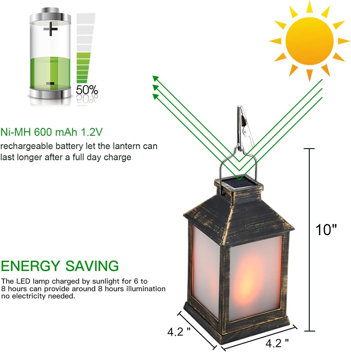 10″ Vintage Style Solar Powered Lantern Fame Effect(Metallic Coating