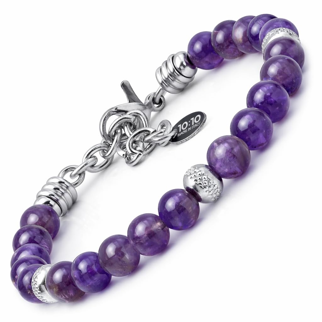10:10 Jewels Men's and Women's Bracelet with 0,25 inch Natural Amethyst Stones, Male or Female Bracelet with Diamond Beads in Stainless Steel and Very Resistant, Made in Italy