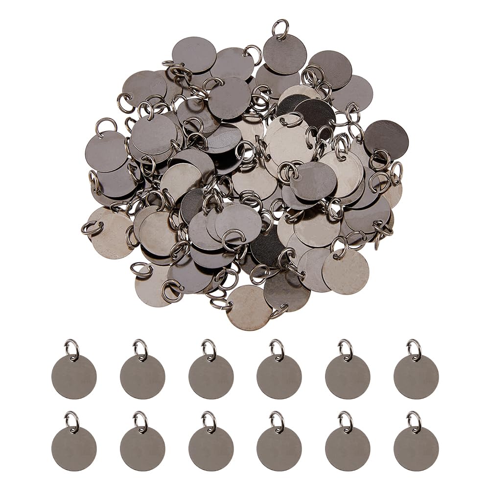 SUPERFINDINGS 100Pcs Brass Stamping Blank Tag Charms 12mm Flat Round Metal Stamps Tags Gunmetal Blanks Pendants for Jewelry Necklace DIY Craft Making,Hole:4mm