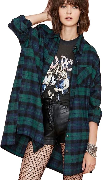 Camisa de cuadros holgada de manga larga para mujer Verde Grunge Aesthetic Oversize