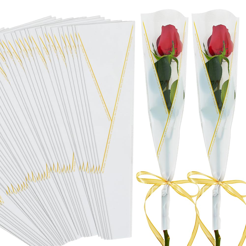 BEISHIDA 100PCS Single Rose Sleeve Single Flower Wrapping Bags Single Rose Packaging Cellophane Flower Sleeves for Florist Bouquet Supplies Mother's Day Valentine's Day (White and Gold letter）