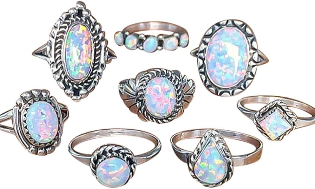 Hot Sale Silver Rings! AmyDong 8Pcs Rings Set Natural Gemstone Opal Diamond Rings Wedding Engagement Jewelr Gift (8 Pcs/Sets, Silver)
