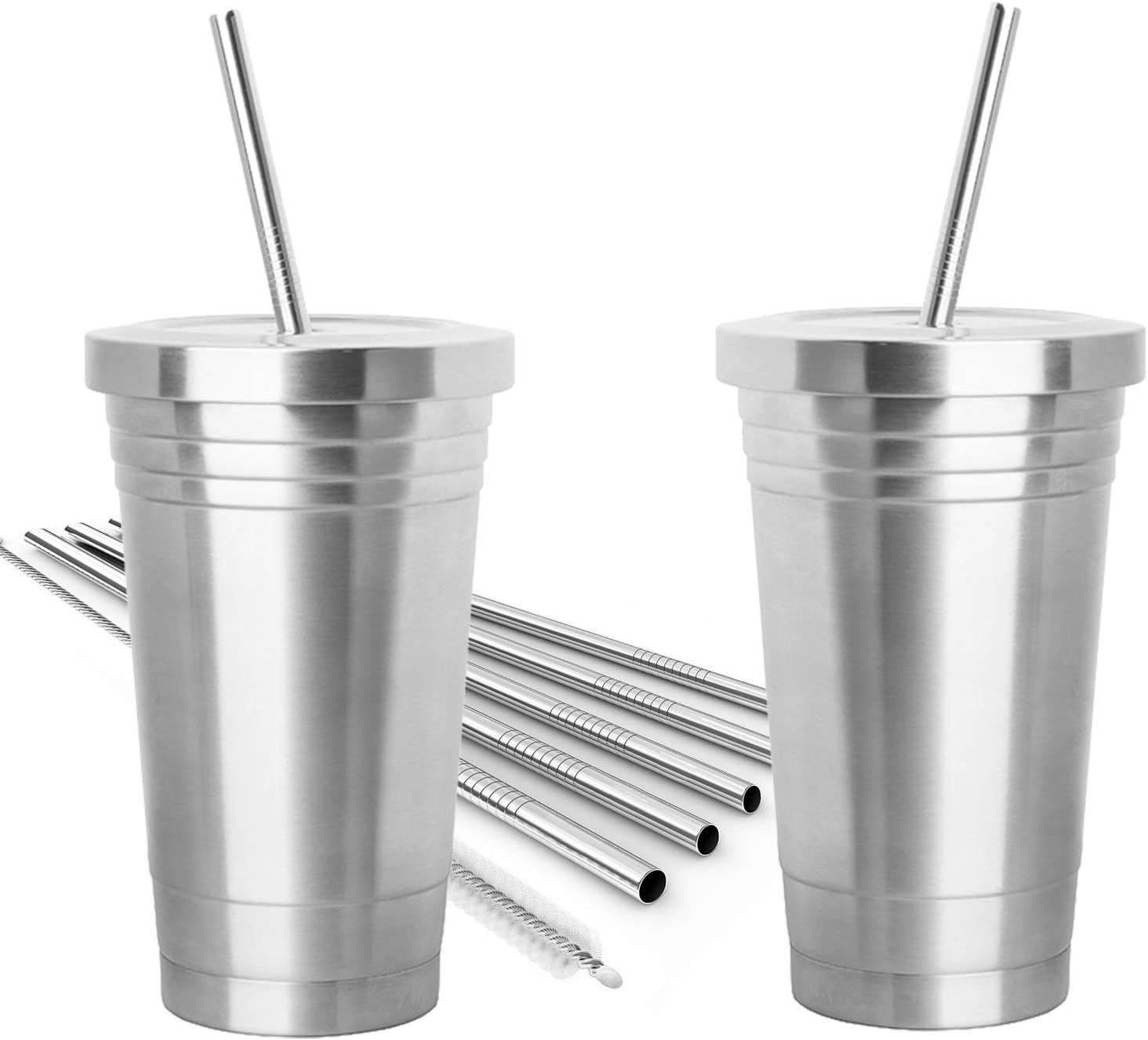 2 Pack STAINLESS STEEL TUMBLER (16oz) with 4 Stainless Steel Straws, 2 Cleaning Brushes & Dual